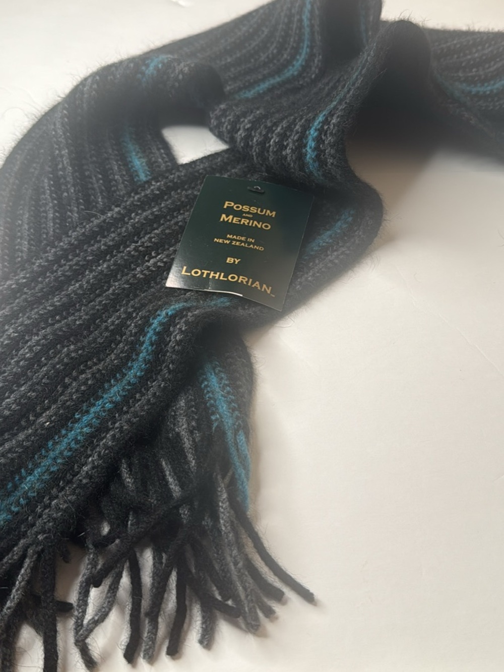 Men's Possum Merino Wool Scarf — Black with Teal Stripe